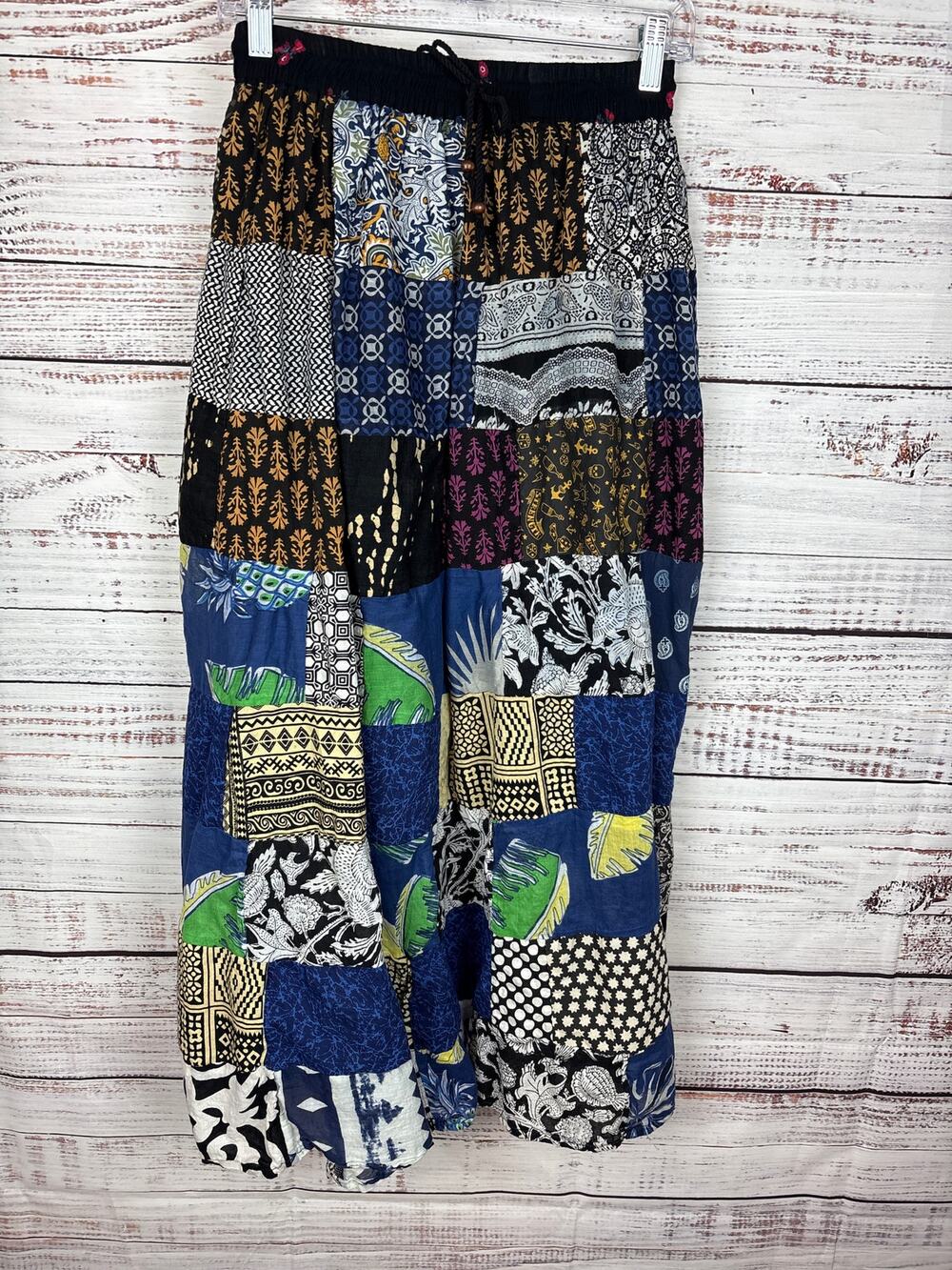 Multi-Color Black Patchwork Flowy Hippie Boho Festival Gypsy Maxi Skirt Womens S
